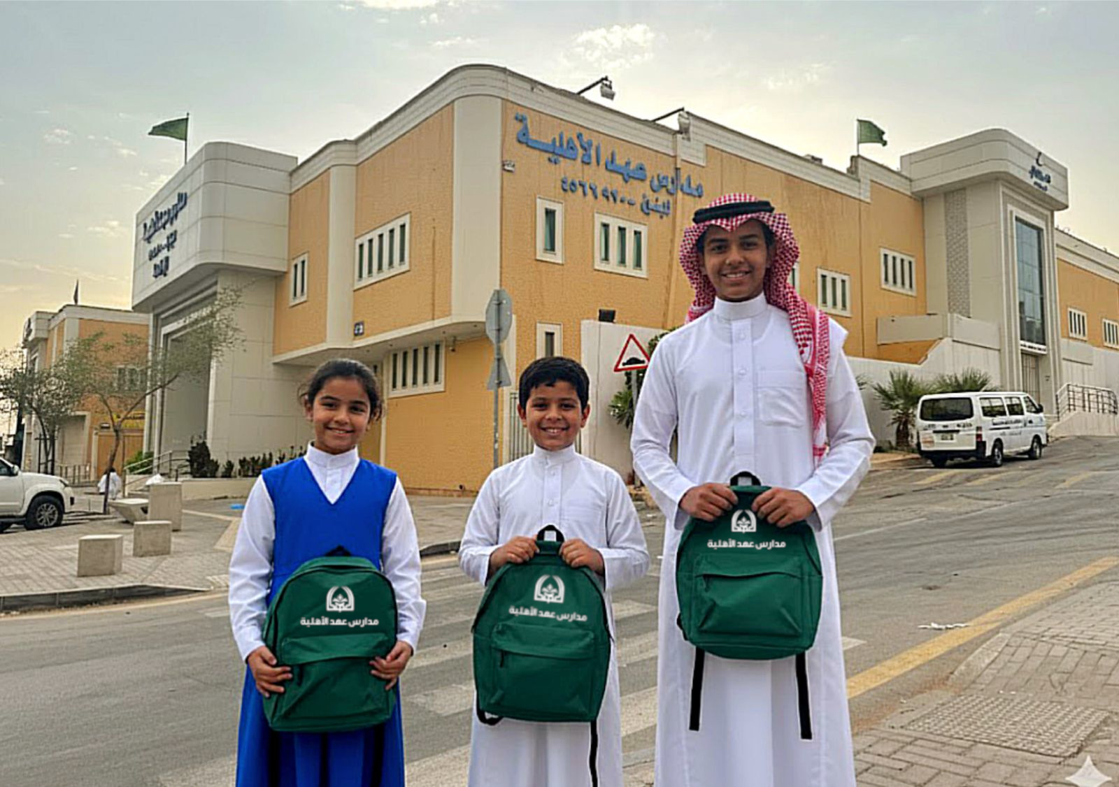 طلاب وطالبات مدارس عهد الأهلية أمام مبنى المدرسة